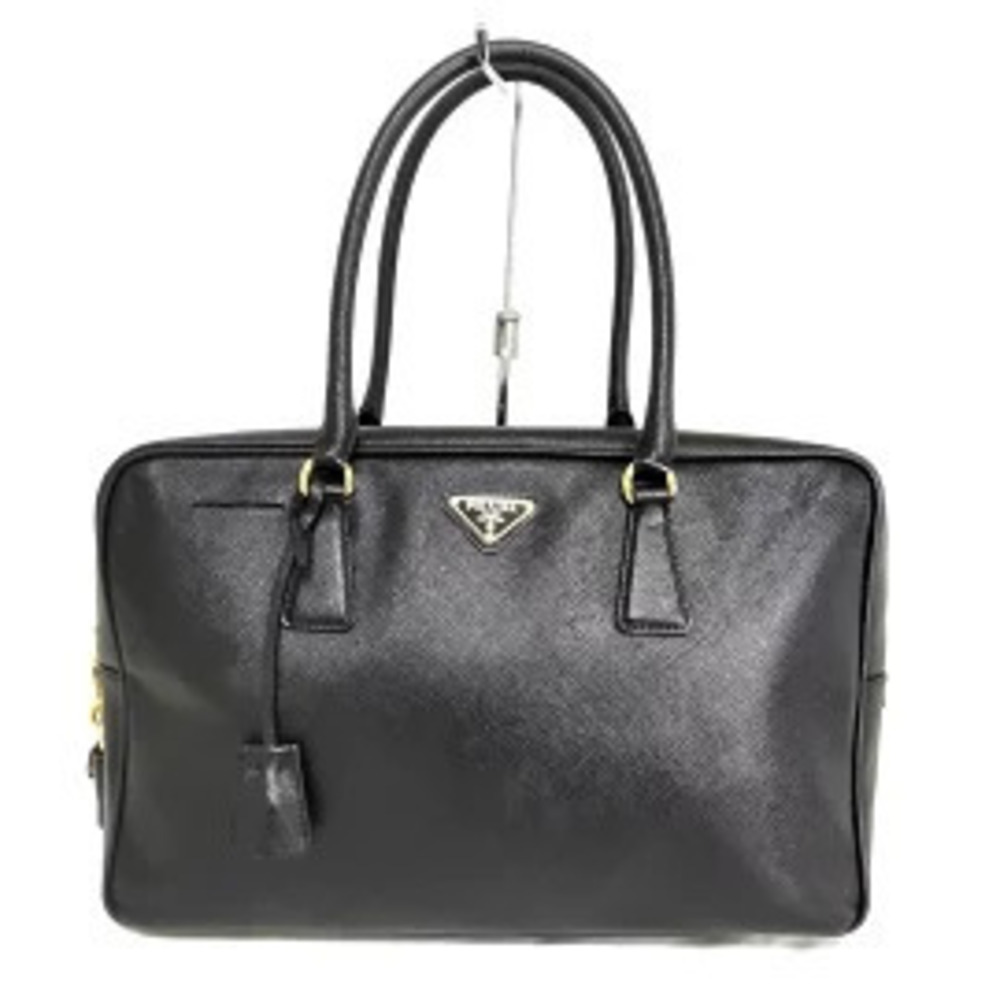 Prada black Saffiano Lux leather bauletto bowler top handle bag dual